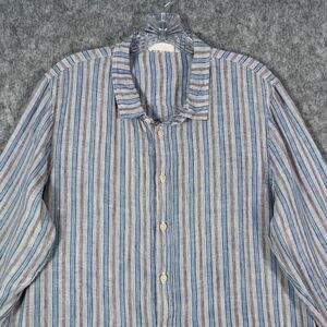 CP Shades 100% Linen Button Up Shirt Long Sleeve Blue Striped Made USA Womens L